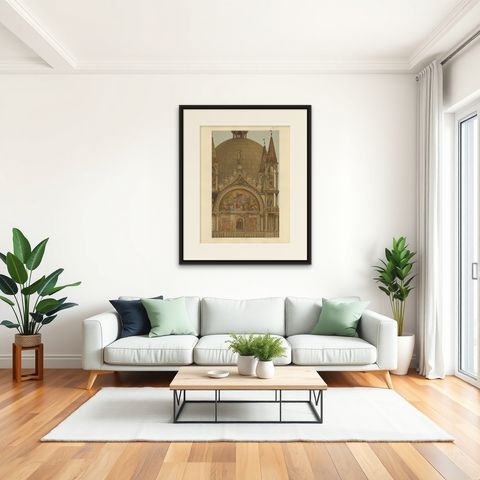 Pl. 16 Antique Print of the Portal of the Zen Chapel of the Basilica San Marco, shown framed in a room, true to size