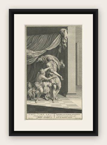 Old Original Engraving of Joseph Tempted to Whoredom, 1728, shown framed