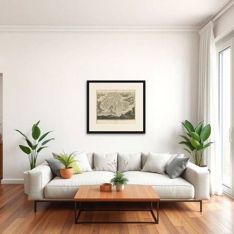 Antique Map of the Ancient City of Jerusalem by A. Calmet, 1725, shown framed in a room, true to size
