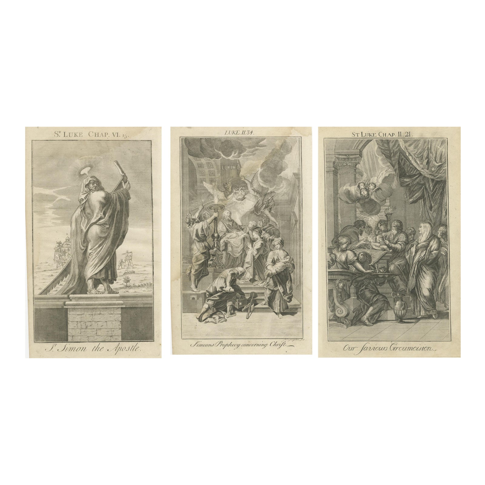 Old Biblical Engravings, Luke: Simon, Simeon’s Prophecy & Circumcision, c.1735