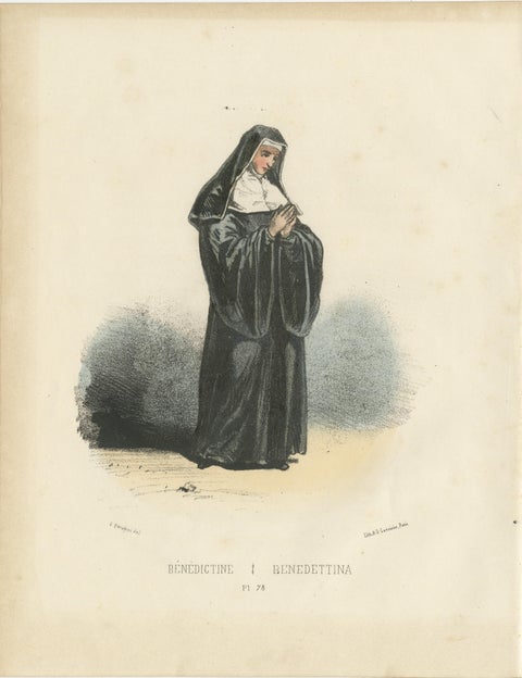 Meditative Serenity: Handcolored Print of a Benedictine Nun, 1862, view 2