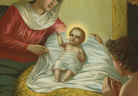 Birth of Jesus, Fine c.1900 German Nativity Chromolithograph (Original), close-up 3