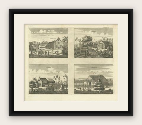 Antique Print of Various Churches on Ceylon or Nowadays Sri Lanka, 1732, shown framed