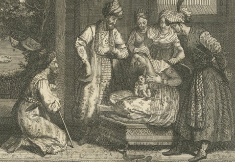 Birth and Naming Rituals of the Banians, Rare 1734 Indian Custom Engraving, close-up 5