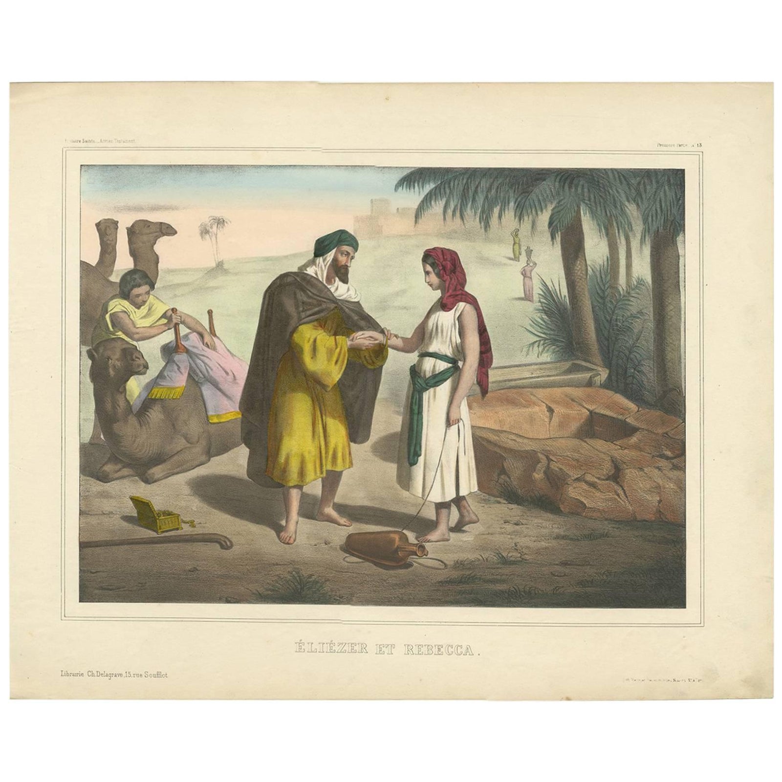 Antique Religious Print 'No. 13' Rebecca and Eliezer at the Well, circa 1840
