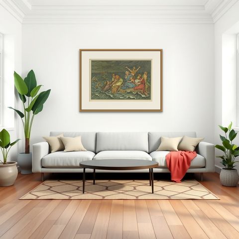 Antique Religion Print of the Flood or Deluge '1913', shown framed in a room, true to size