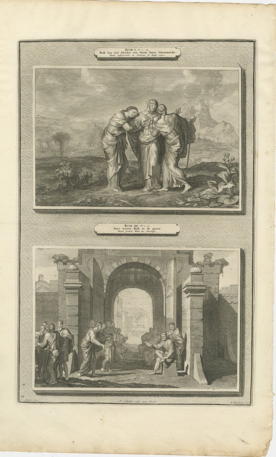 Ruth and Naomi and Boaz Takes Ruth as His Wife, Mortier Bible circa 1700