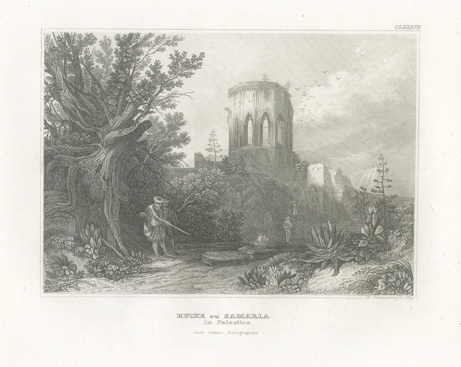 Ruins of Samaria in Palestine, Antique Romantic Landscape View, circa 1850