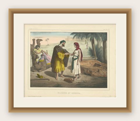 Antique Religious Print 'No. 13' Rebecca and Eliezer at the Well, circa 1840, shown framed