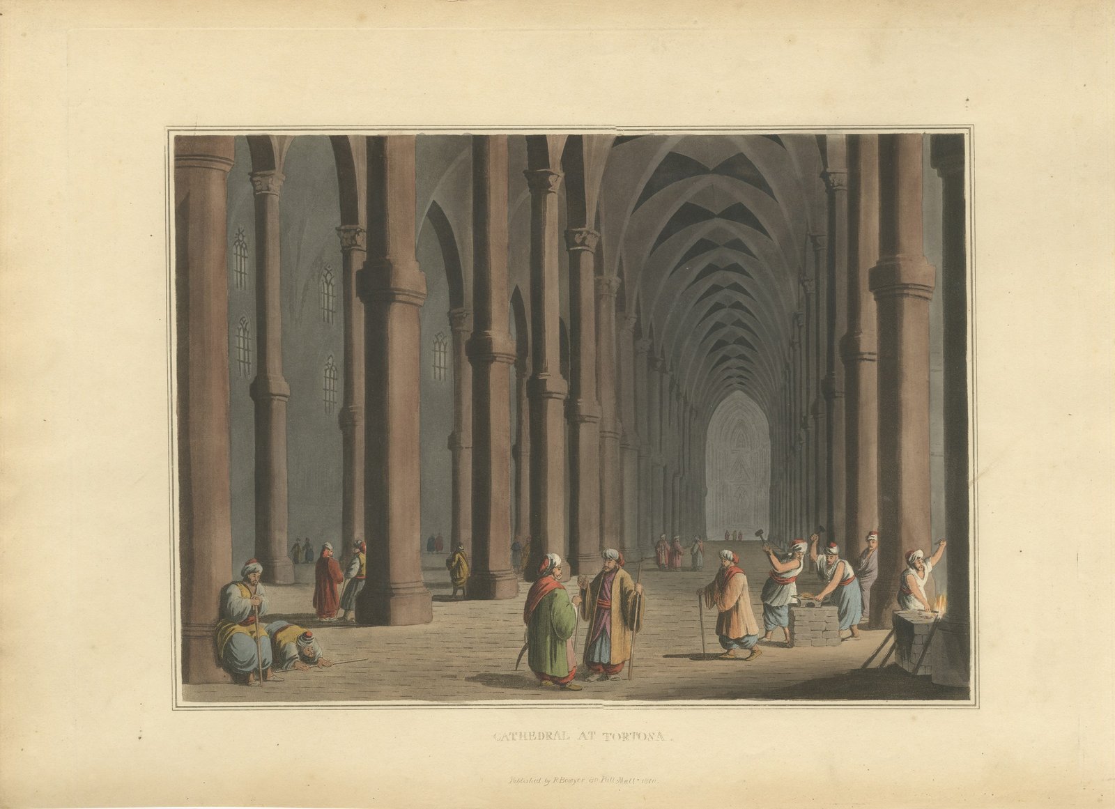 Cathedral at Tortosa, Gothic Interior in Syria, Antique Aquatint, 1810