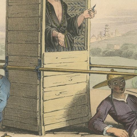 Antique Print of a Religious Man in a Sedan Chair, China, close-up 2