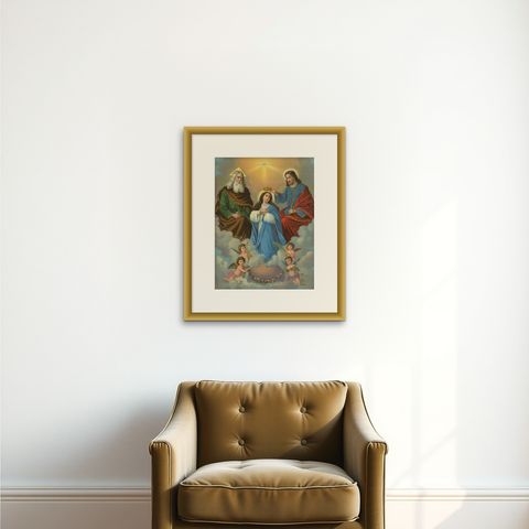 Antique Coronation of Mary Religious Chromolithograph with Gold, c. 1900, shown framed on a wall, true to size