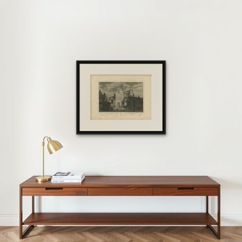 Antique Print of the 'Gasthuiskerk', Church in Amsterdam, the Netherlands, 1805, shown framed on a wall, true to size