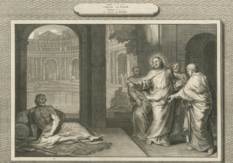 Antique Religious Engravings, Christ Healing at Bethesda & Feeding 5000, c.1700, close-up 4