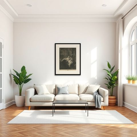 Large Religious Mezzotint Print of Batsheba Bringing Abishag to David, 1779, shown framed in a room, true to size
