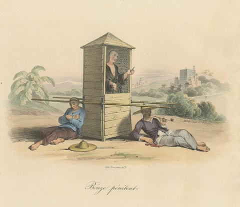 Antique Print of a Religious Man in a Sedan Chair, China, view 3