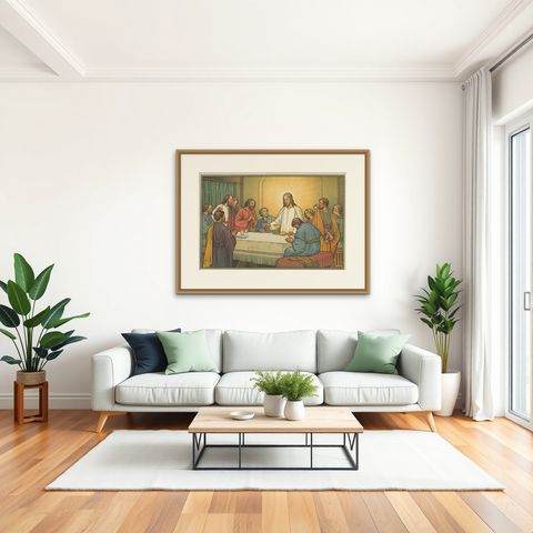 Antique Religion Print of the Last Supper, '1913', shown framed in a room, true to size