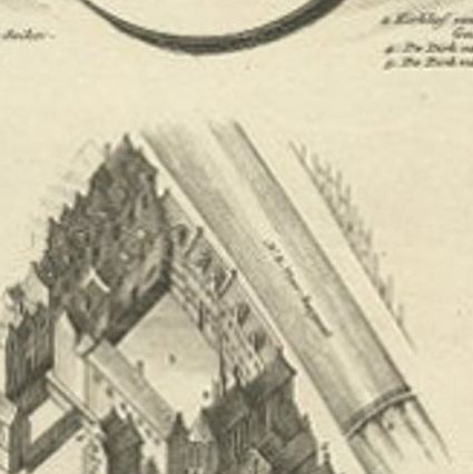 Antique Print of the Geertruide Monastery in Amsterdam, circa 1760, close-up 1