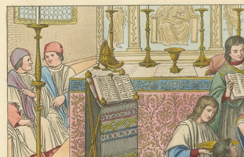 Antique Hand-Colored 1845 Engraving of Medieval Church Ceremony, France, close-up 6