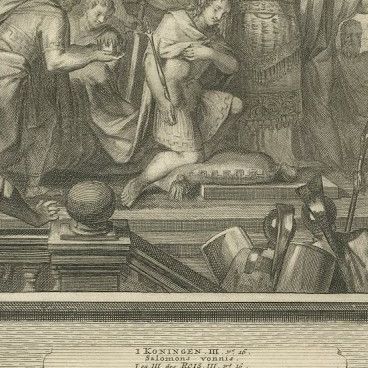 Solomon Anointed King and the Judgment of Solomon, Pieter Mortier, circa 1700, close-up 2