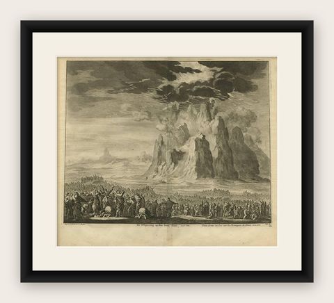 Original Antique Bible Print Law Given at Mount Sinai, 1743, shown framed