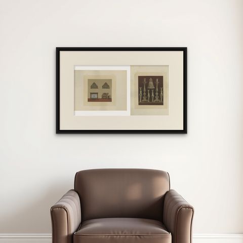 Pair Bavarian Royal Chapel Decorative Objects Chromolithographs, Munich, 1874, shown framed on a wall, true to size