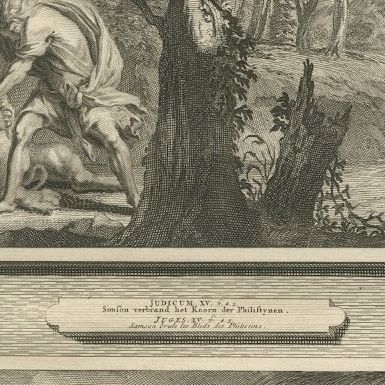 Samson Kills the Lion and Burns the Philistines' Corn, Mortier circa 1700, close-up 2