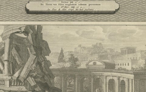 John the Baptist in Prison & Fall of the Tower of Siloam, Pieter Mortier, c.1700, close-up 1