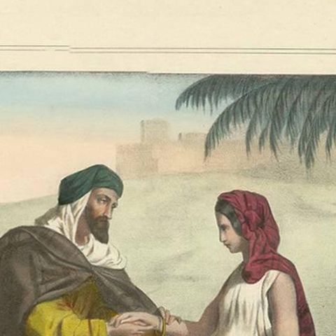 Antique Religious Print 'No. 13' Rebecca and Eliezer at the Well, circa 1840, close-up 1