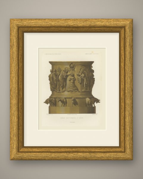 Baptismal Font at Liège, Antique Chromolithograph, Lacroix, 1851, shown framed