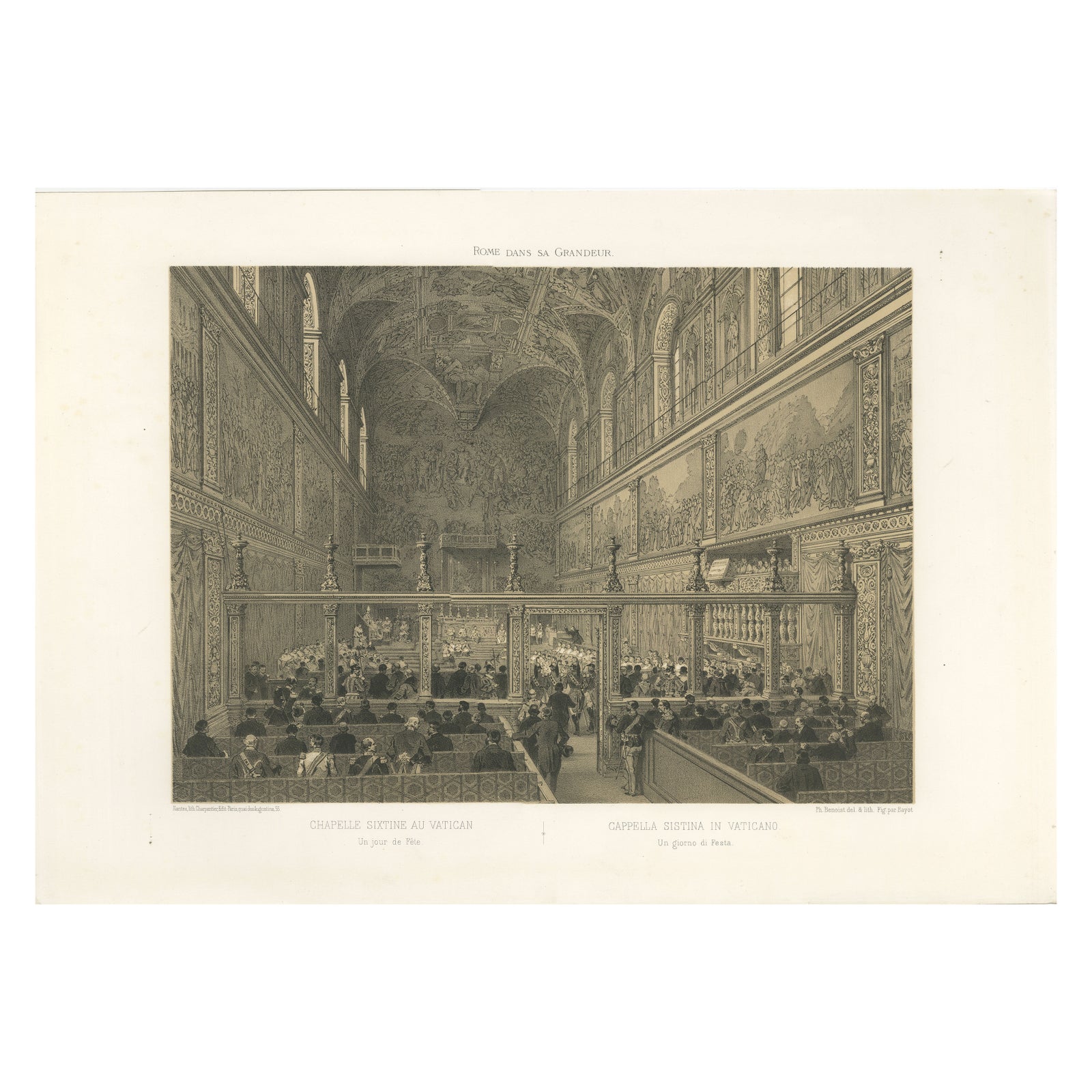 Sistine Chapel Interior, Vatican, Antique Festive Scene Print, 1869