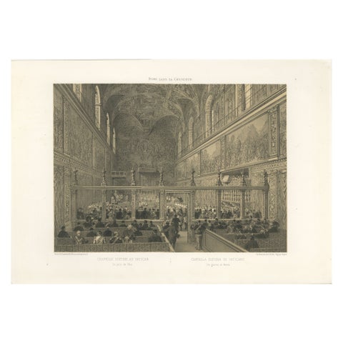 Sistine Chapel Interior, Vatican, Antique Festive Scene Print, 1869
