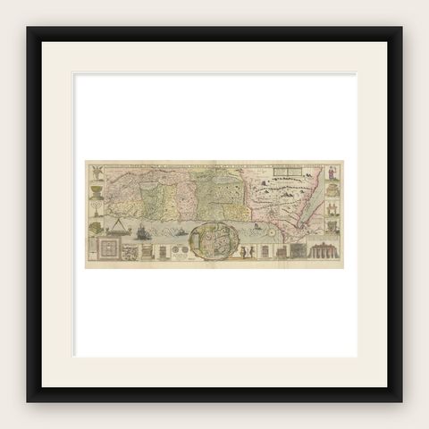 1632 Decorative Map of the Holy Land, Insets of Jerusalem and Biblical Artefacts, shown framed