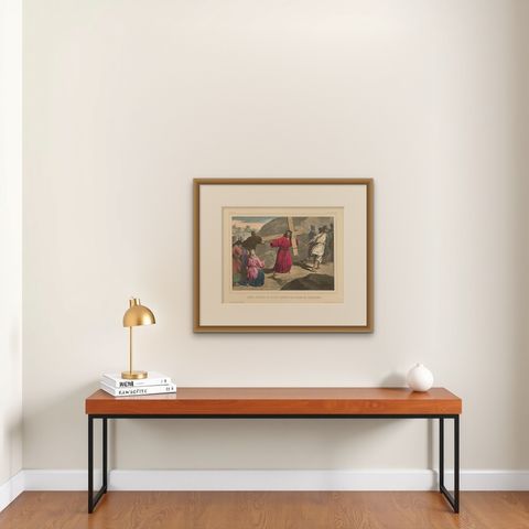 Antique Religious Print "No. 34" Jesus Carrying the Cross, circa 1840, shown framed on a wall, true to size
