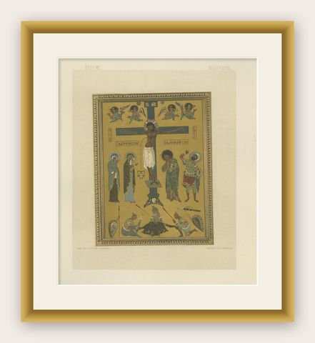 Bavarian Crucifixion Icon Chromolithograph, 19th Century, Signed, shown framed
