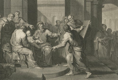 Birth of John the Baptist & Angel Appearing to Joseph, Pieter Mortier, ca. 1700, close-up 4
