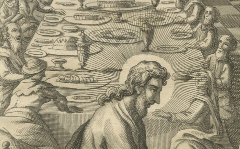 Christ Turns Water into Wine Engraving, John II Wedding at Cana c.1735, close-up 5