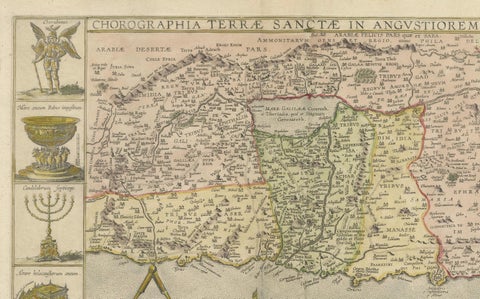 1632 Decorative Map of the Holy Land, Insets of Jerusalem and Biblical Artefacts, close-up 3