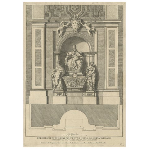 Antique Print of the Monument to Pope Leo XI, Located in the Vatican, c.1710