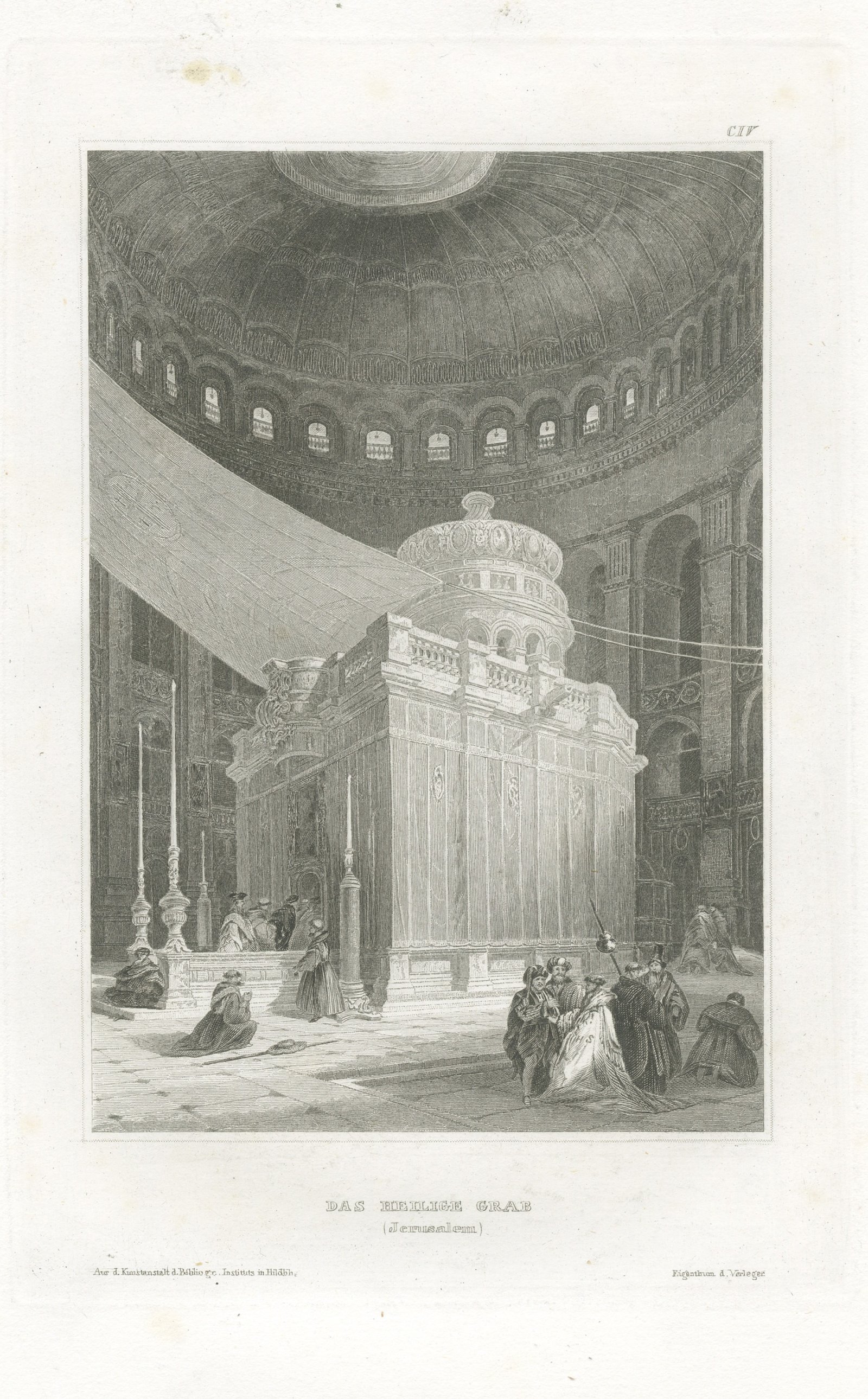 Antique Interior View of the Holy Sepulchre, Jerusalem, Engraving, circa 1850
