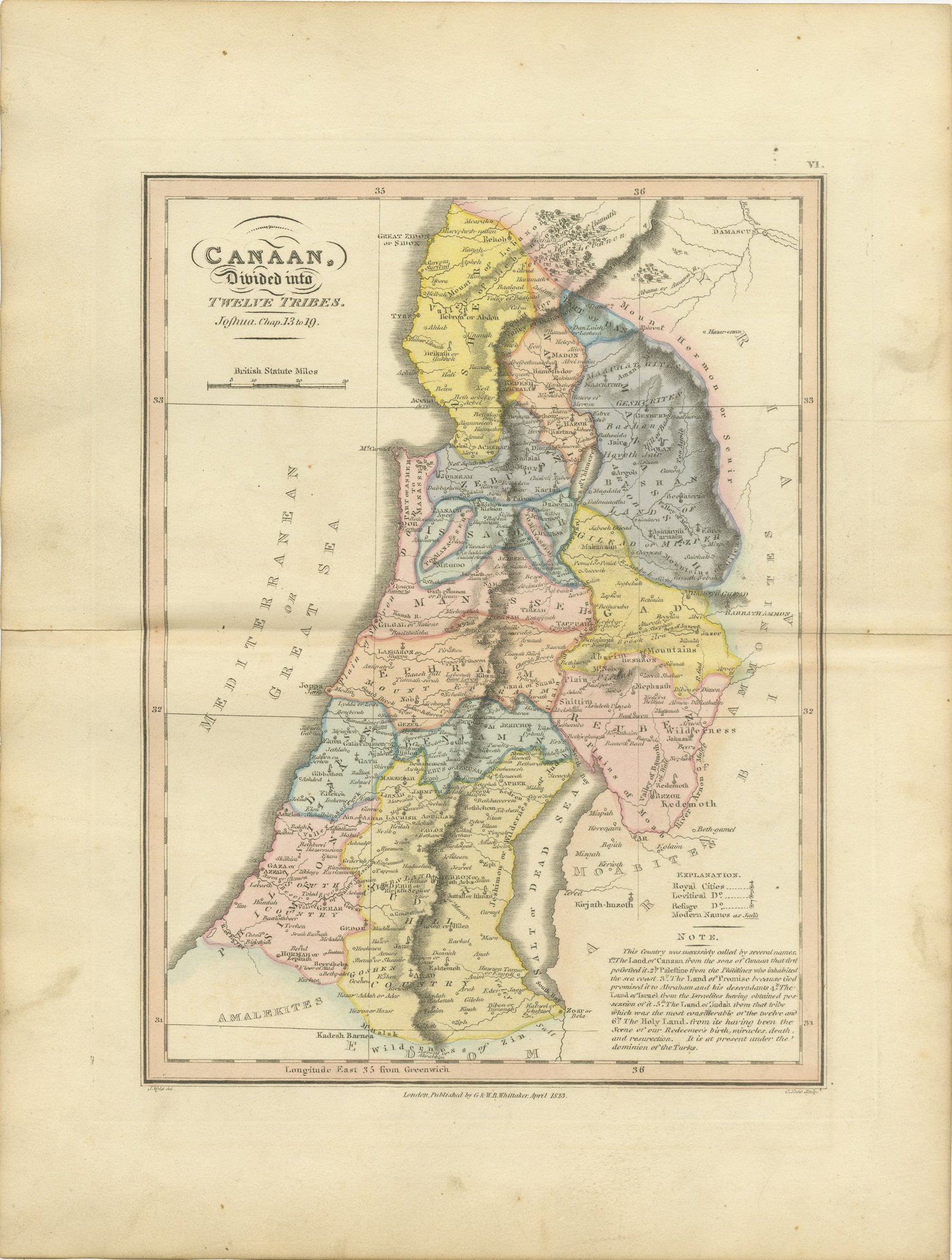 Canaan Divided into the Twelve Tribes, Antique Hand-Colored Map, 1823