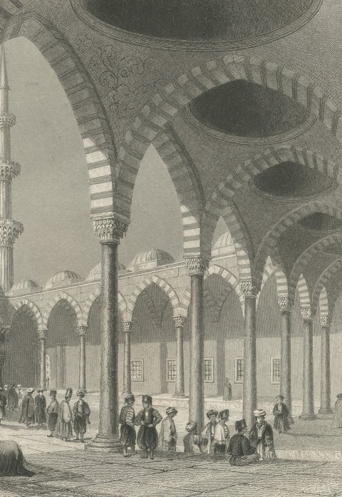 Blue Mosque Courtyard, Istanbul after W.H. Bartlett, Engraving, circa 1838, close-up 2