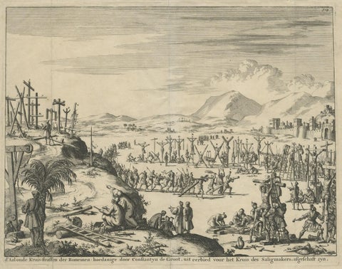 Engraving of Roman Punishments of Mass Crucifixion Outside the City Wall, 1690, close-up 1