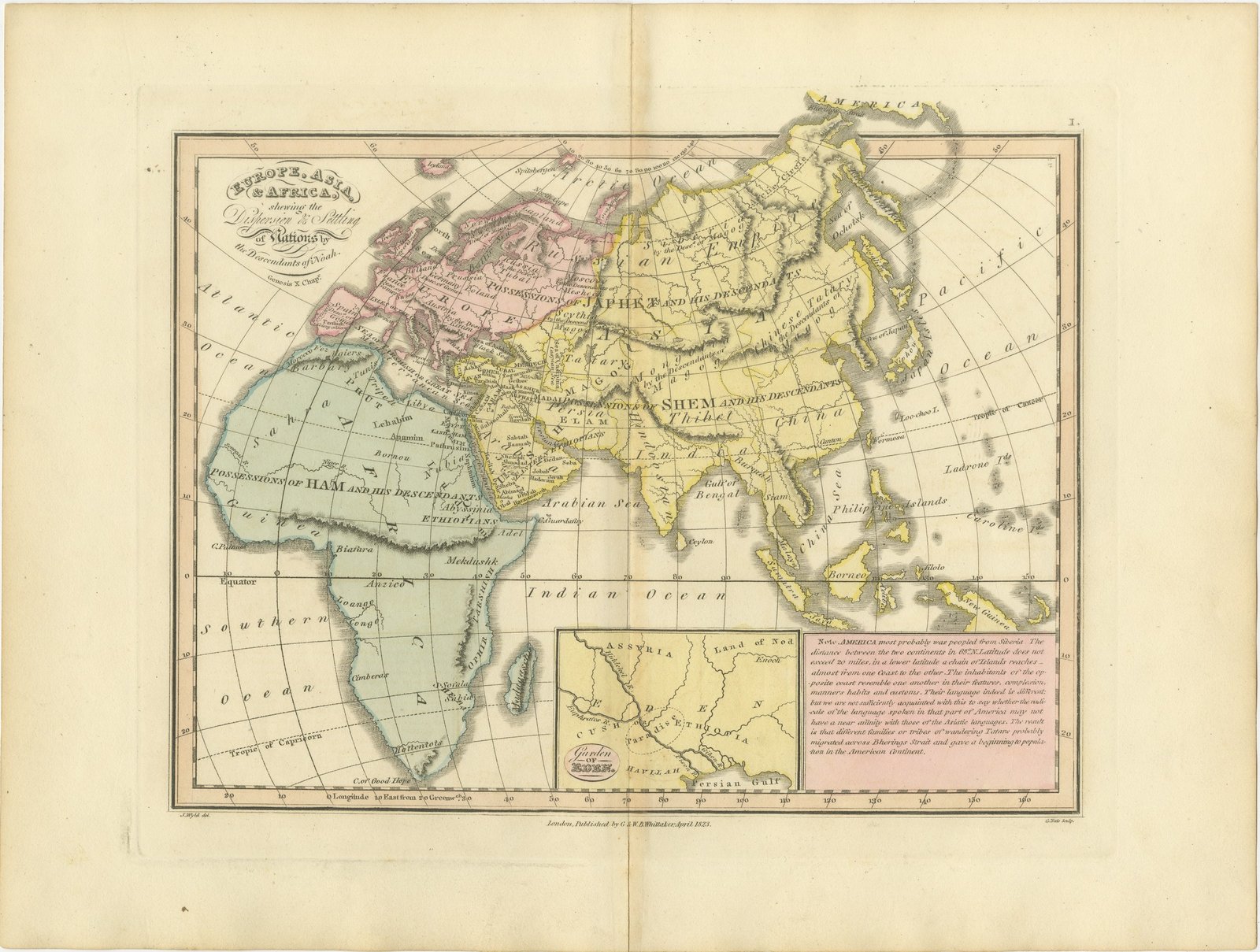 Europe, Asia and Africa After the Flood, Antique Wyld Map, 1823