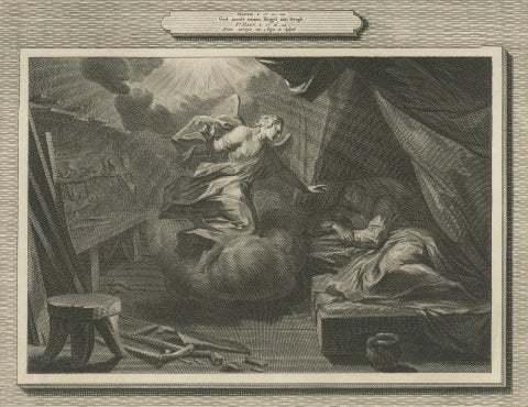 Birth of John the Baptist & Angel Appearing to Joseph, Pieter Mortier, ca. 1700, close-up 5