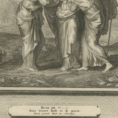 Ruth and Naomi and Boaz Takes Ruth as His Wife, Mortier Bible circa 1700, close-up 2