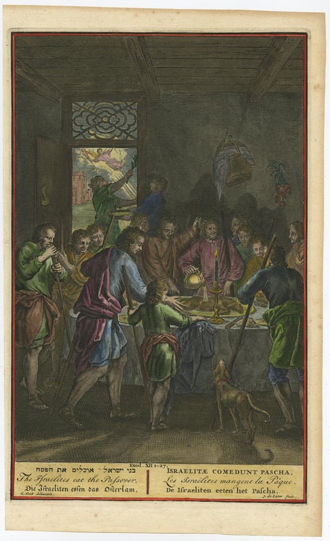 Israelites at the Paschal Meal, Hand-Coloured Bible Engraving, 18th Century, view 2