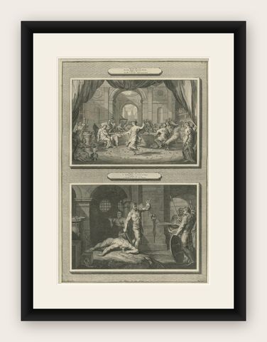 Antique Religious Engravings, Dance of Salome & John the Baptist Beheaded, 1700, shown framed