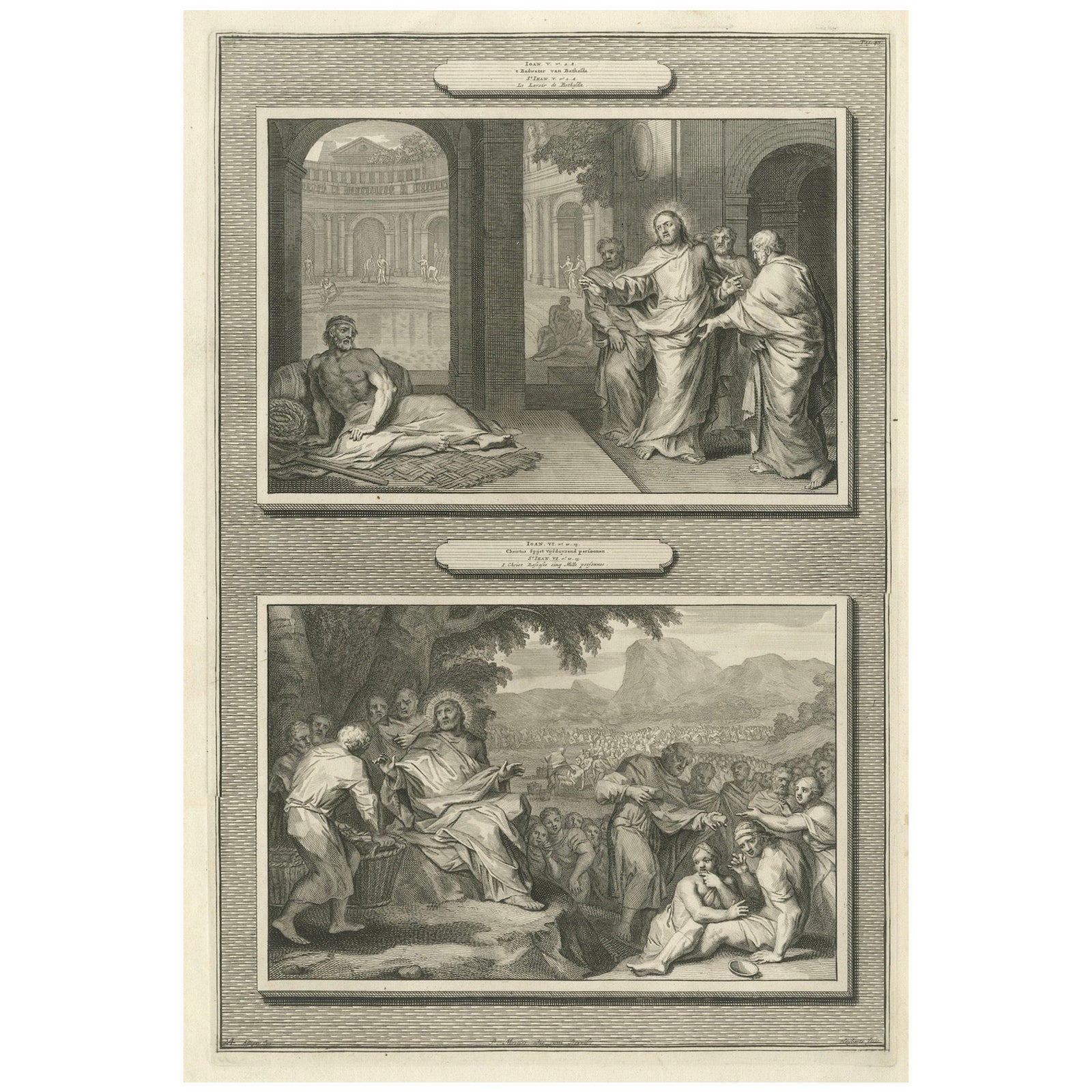 Antique Religious Engravings, Christ Healing at Bethesda & Feeding 5000, c.1700