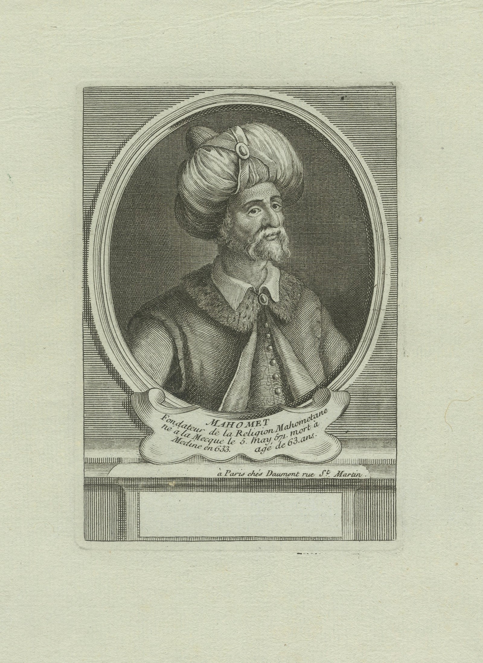 Prophet Muhammad (Mahomet), 18th Century Paris Engraving by Daumont, c.1770